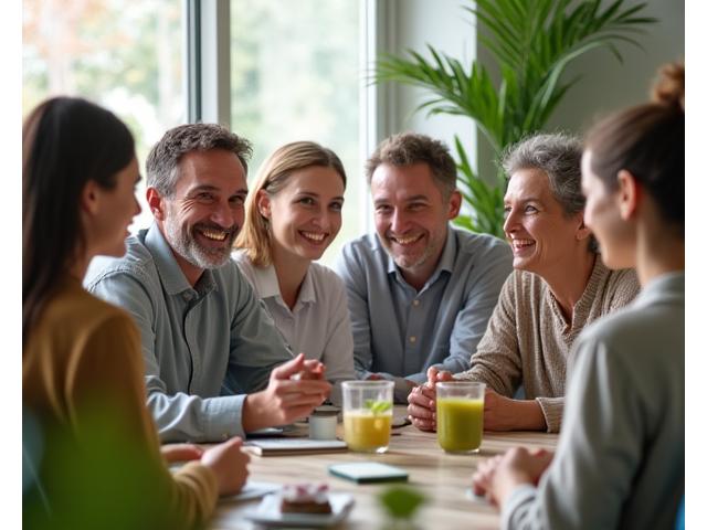 Un grupo diverso de personas colaborando alegremente en un entorno saludable, simbolizando bienestar y trabajo en equipo.