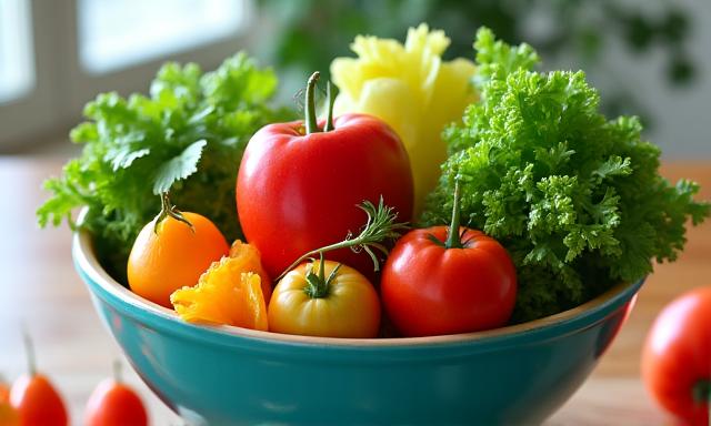 Un plato vibrante lleno de verduras frescas y frutas, representando una alimentación equilibrada