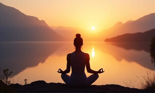 Una persona meditando tranquilamente en un entorno natural al amanecer, simbolizando la conexión entre ejercicio y mente