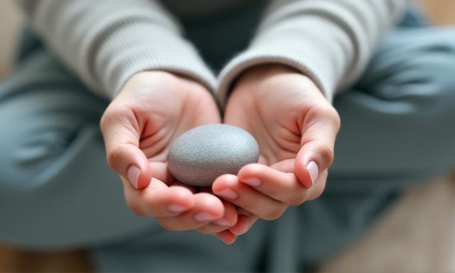 Manos entrelazadas en señal de calma y meditación con un fondo suave y borroso, representando la gestión del estrés