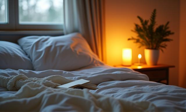 Un dormitorio sereno con cortinas ondeando suavemente y luz tenue, evocando un ambiente ideal para un sueño reparador