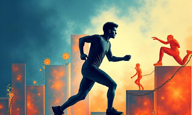 Una persona activa trabajando o haciendo ejercicio, superando la procrastinación, con un fondo de engranajes o reloj en movimiento