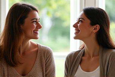 Mujer sonriente en sesión de coaching de estilo de vida con un profesional, en un ambiente luminoso y relajado.