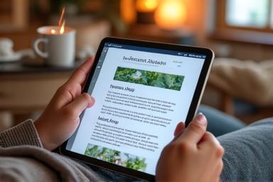 Persona leyendo un artículo de blog sobre salud en una tablet, con un café y un ambiente relajado.